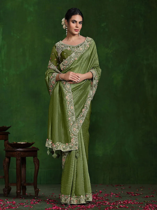 Green Crush Silk Saree with Sequence And Diamond Work For Occasion