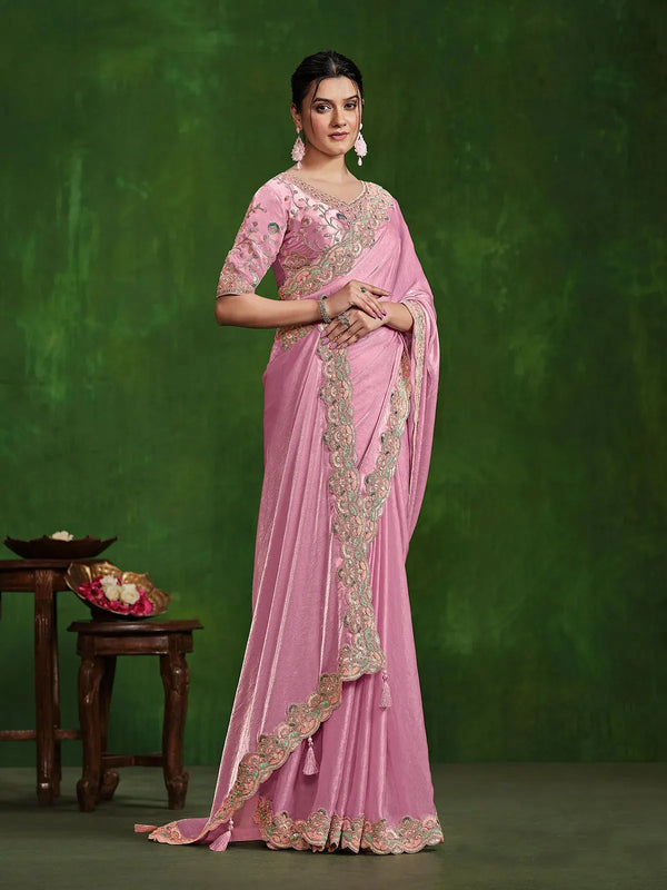 Pink Satin Silk Designer Saree with Sequins Handwork For Occasion