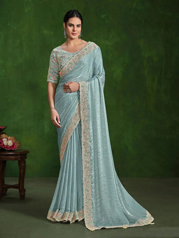 Sea Green Satin Silk Designer Saree with Sequins Handwork For Occasion