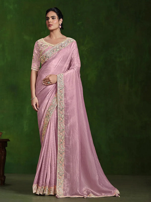 Dusty Pink Crush Silk Designer Saree with Sequins Handwork For Occasion