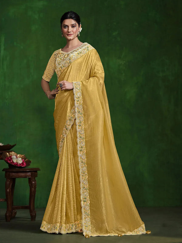 Mustard Crush Silk Designer Saree with Sequins Handwork For Occasion Wear