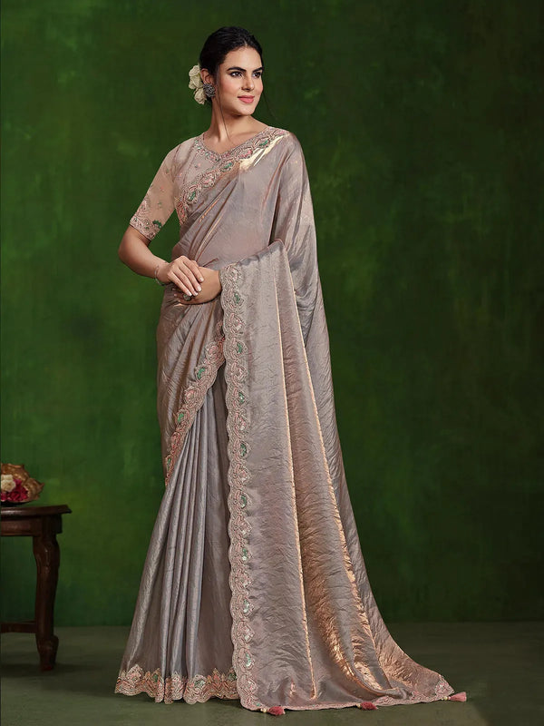 Peach Satin Silk Saree with Sequins and Diamond Work For Occasion Wear