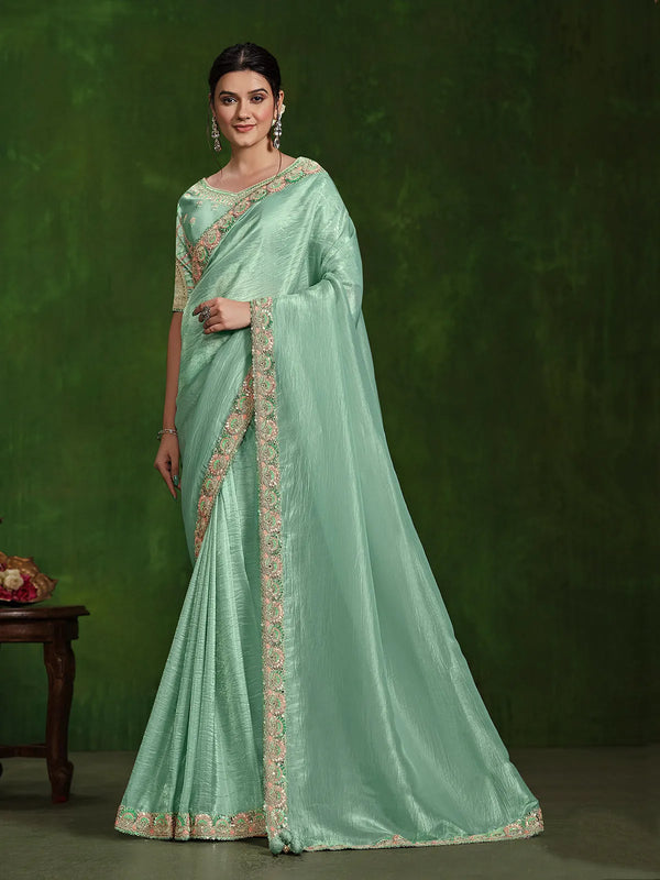 Aqua Blue Crush Silk Saree with Sequins and Mirror work For Occasion Wear