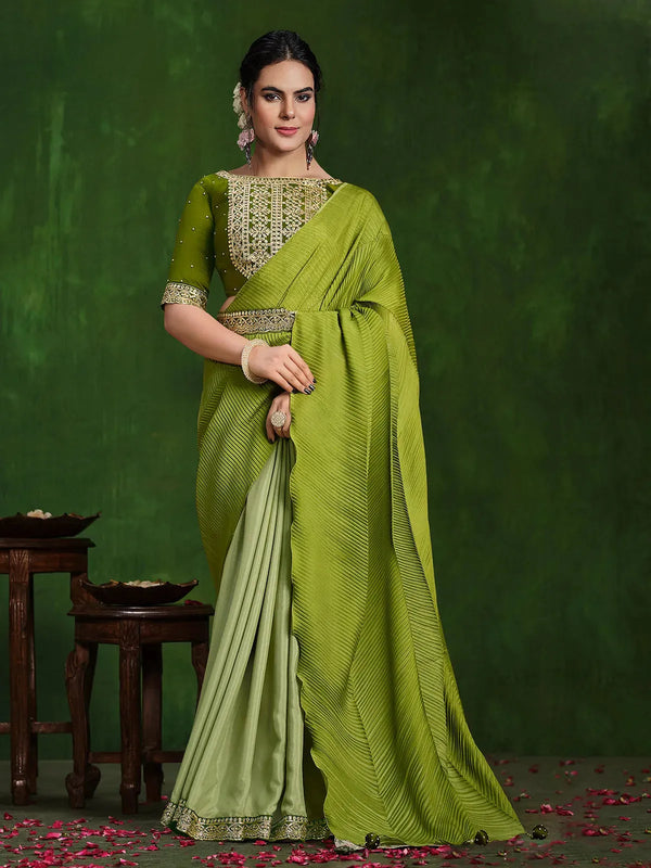 Green Georgette Silk Saree with Zari & Stone Work For Occasion Wear