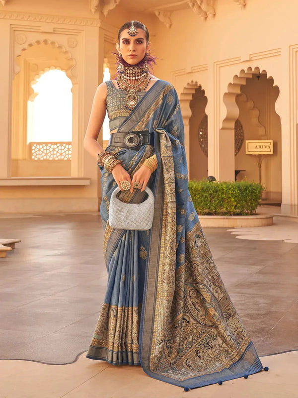 Blue Silk Saree with Intricate Weaving Work for Weeding Wear