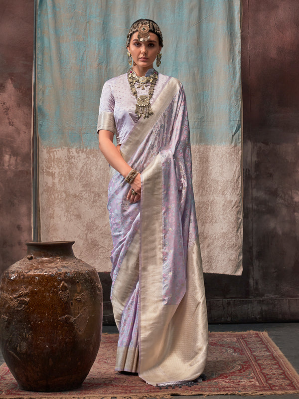 Lavender Satin Silk Wedding Saree with Handloom Weaving