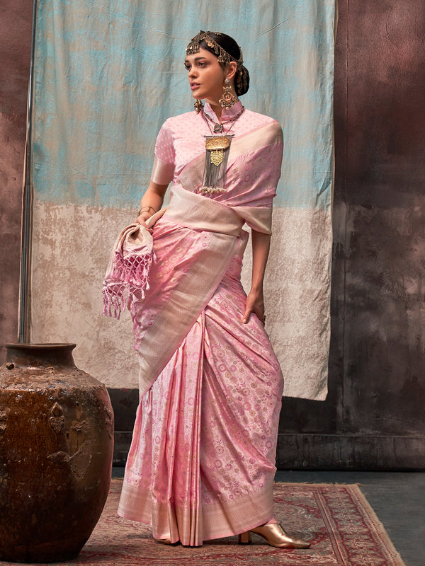 Light Pink Satin Silk Wedding Saree with Handloom Weaving