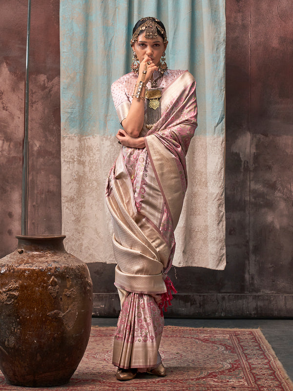 Beging Satin Silk Wedding Saree with Handloom Weaving