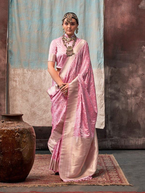 Satin Silk Light Pink Weaving Weeding Saree