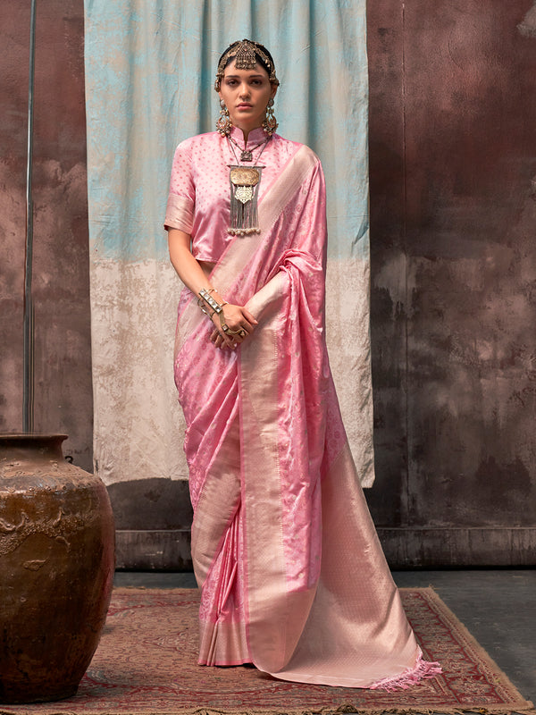 Pink Satin Silk Handloom Weaving Wedding Saree