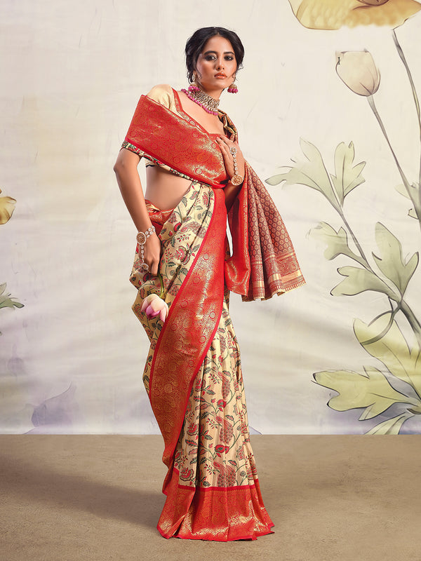 Cream Silk Zari Weaving Weeding Saree With Contrast Border