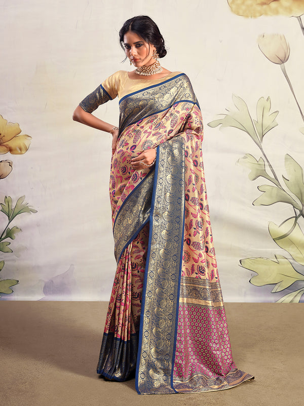 Zari Weaving Beige Silk Weeding Saree With Contrast Border