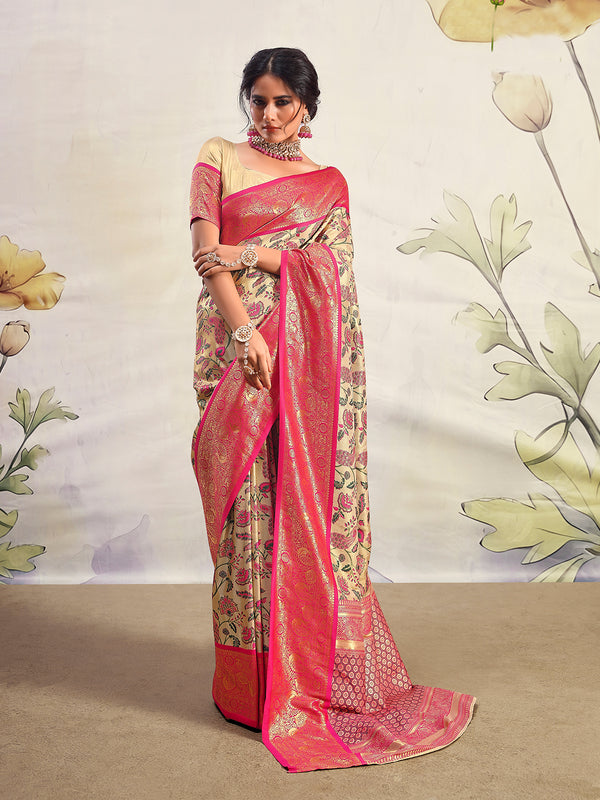 Pink Contrast Border Zari Weaving Silk Weeding Saree