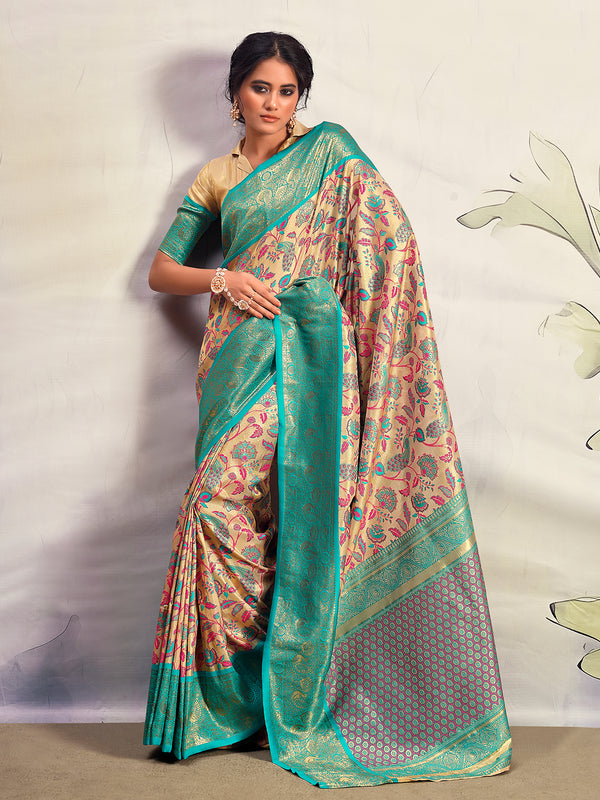 Sea Green Contrast Border Zari Weaving Silk Weeding Saree