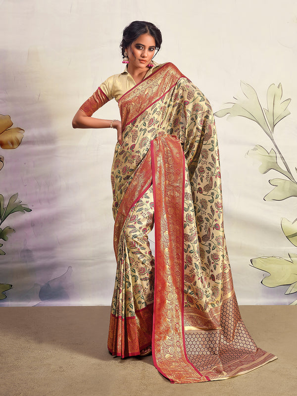 Red Contrast Border Zari Weaving Silk Weeding Saree