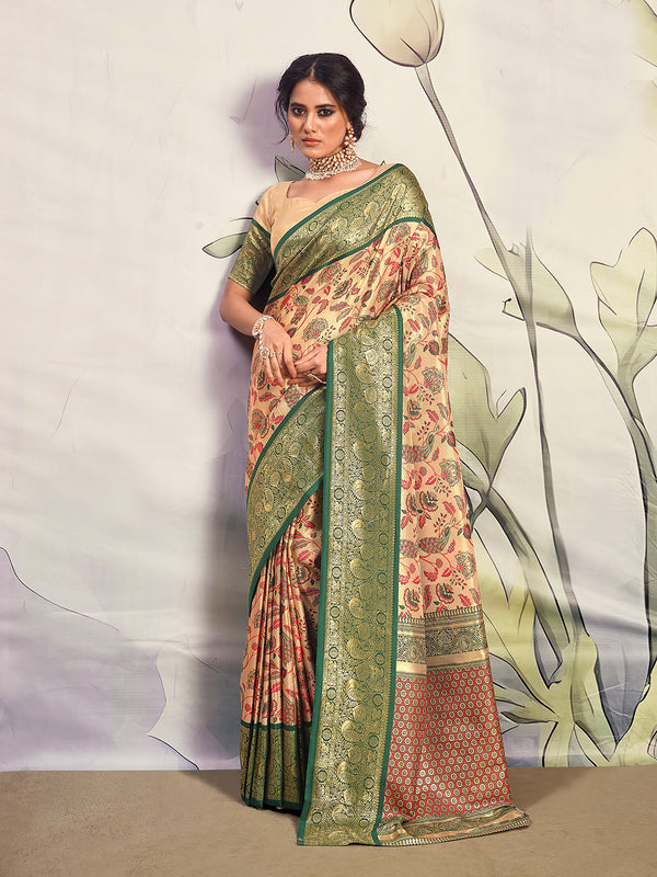 Green Contrast Border Zari Weaving Silk Weeding Saree