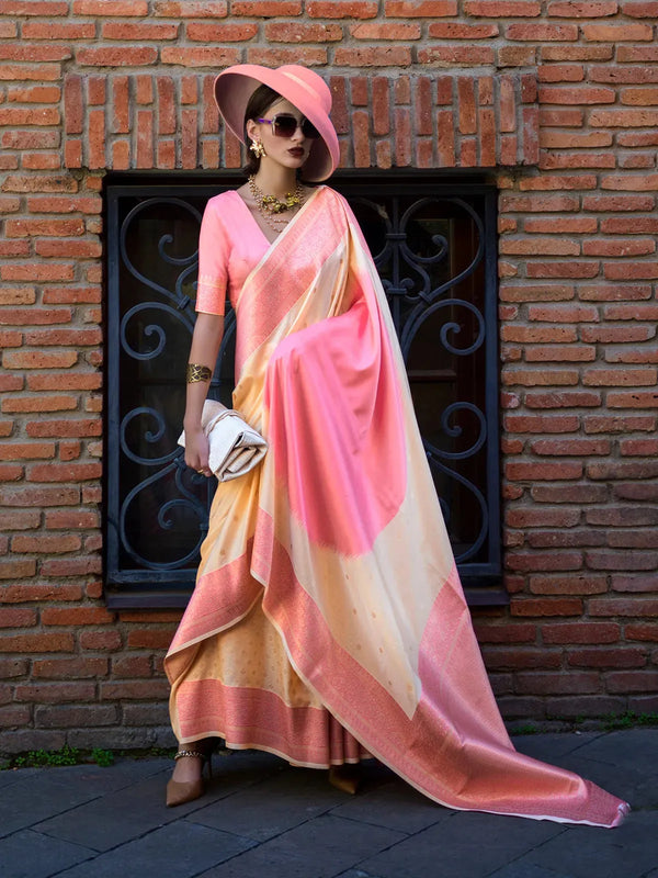 Peach & Cream Handloom Weaving Silk Saree for Festive Wear