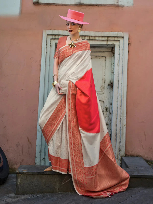 Off White Handloom Weaving Silk Saree for Festive Wear