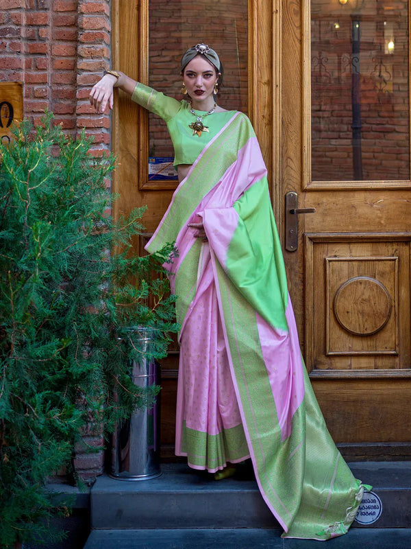 Lavender & Pista Green Handloom Weaving Silk Saree for Festive Wear