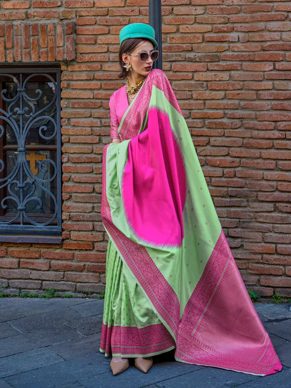 Dark Pink & Pista Green Handloom Weaving Silk Saree for Festive Wear