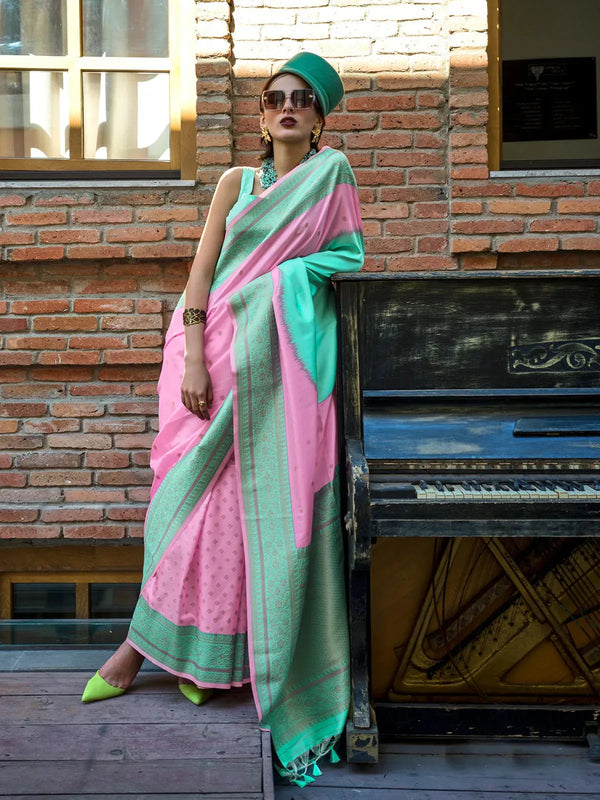 Light Pink & Pista Green Handloom Weaving Silk Saree for Festive Wear