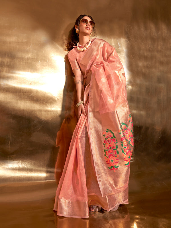 Peach Zari Tissue Saree with Paithani Pallu For Party Wear