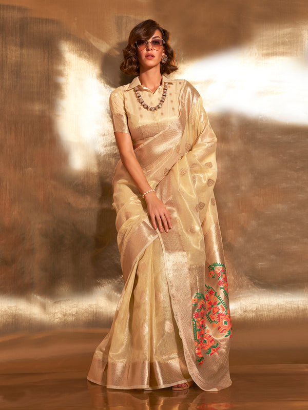 Party Wear  Zari Tissue Saree with Paithani Pallu In Golden