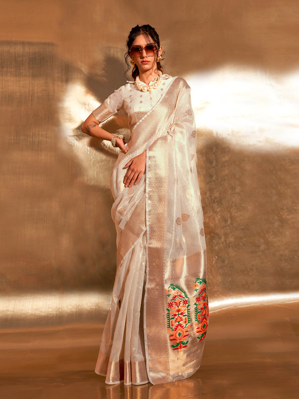 Off-White Party Wear  Zari Tissue Saree with Paithani Pallu