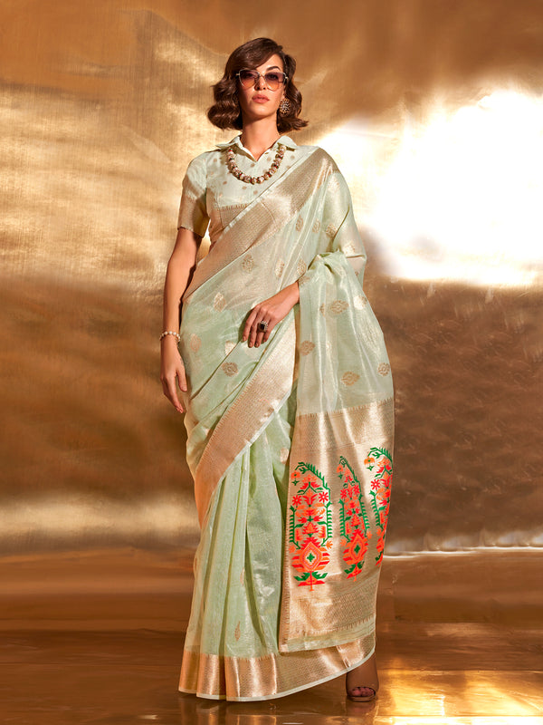 Pista Green Designer Party Wear  Zari Tissue Saree