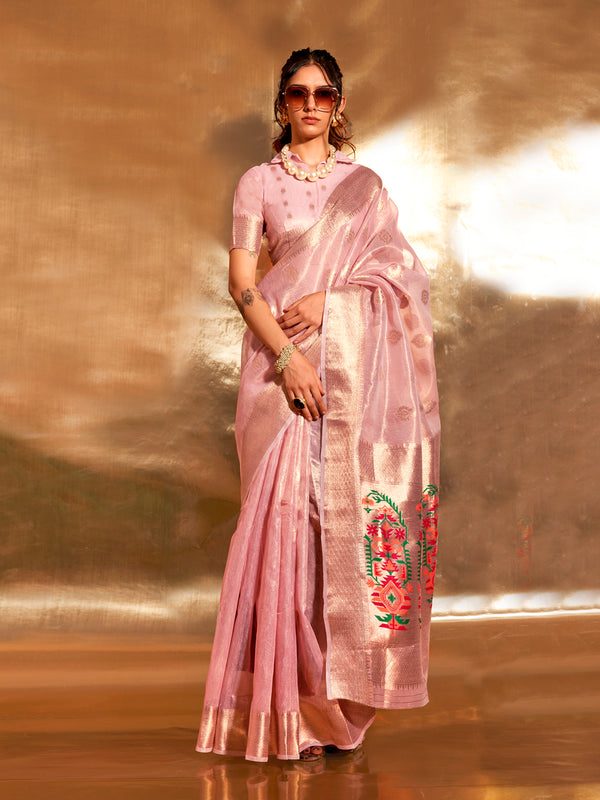 Pink Designer Party Wear Zari Tissue Silk Saree