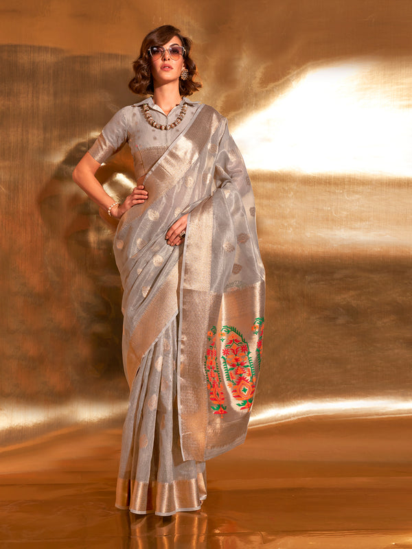 Designer Party Wear Grey Zari Tissue Silk Saree