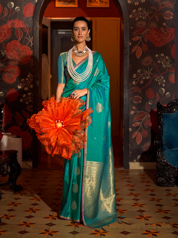 Teal Blue Silk Saree with Handloom Weaving Work For Festival Wear