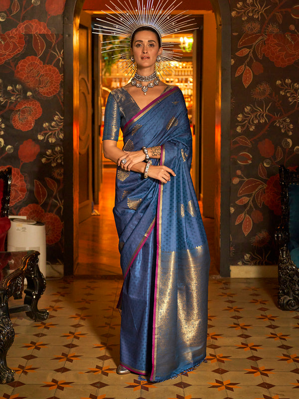 Blue Silk Saree with Handloom Weaving Work For Festival Wear