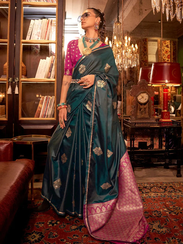 Dark Green Pure Satin Silk Designer Saree For Festival & Parties