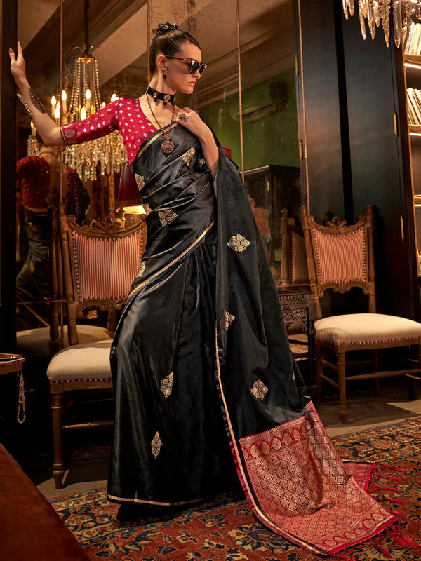 Trendy Black Pure Satin Silk Designer Saree For Festival & Parties