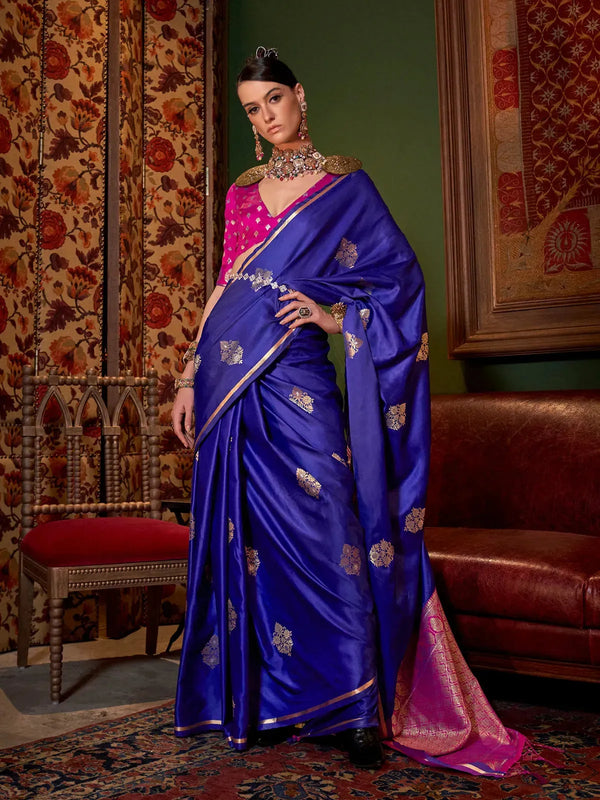 Dark Blue Pure Satin Silk Designer Saree For Festival & Parties