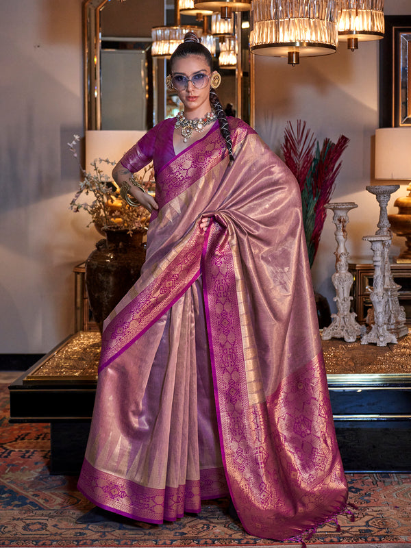 Rose Gold Zari Tissue Silk Handloom Sari with Contrast Pallu For Festival Wear