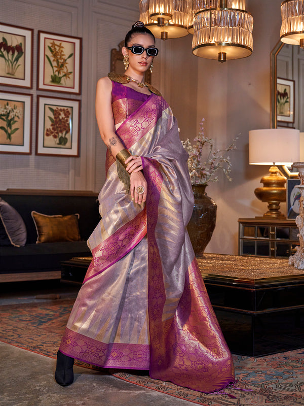 Multi-color Zari Tissue Silk Handloom Sari with Contrast Pallu For Festival Wear