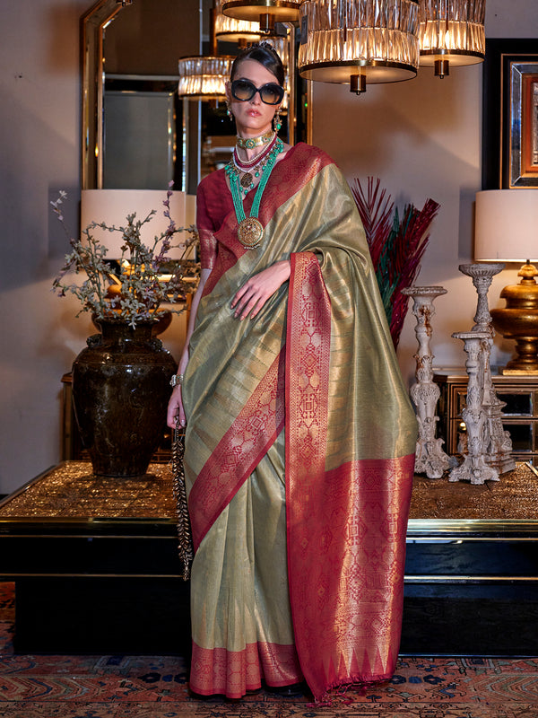 Green Zari Tissue Silk Handloom Sari with Contrast Pallu For Festival Wear