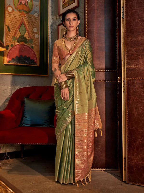 Green Tussar Silk Weaving Saree with Design Pallu For Festival Wear