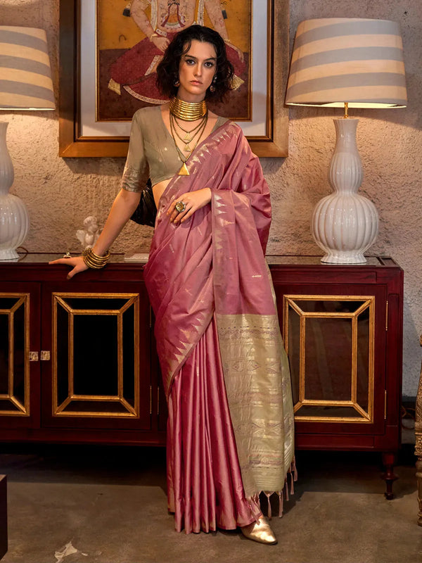 Pink Tussar Silk Weaving Saree with Design Pallu For Festival Wear