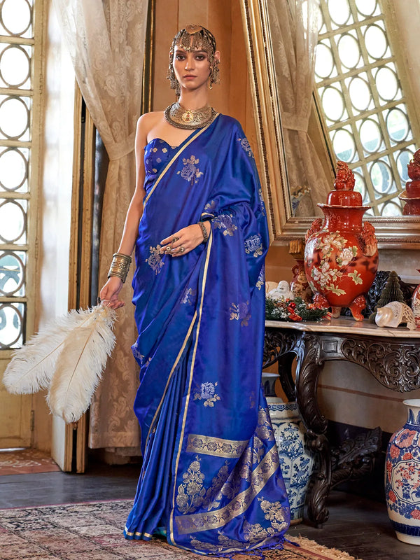 Designer Blue Pure Satin Silk Saree with Handloom Weaving With Un-Stitched Blouse - VJVNOW