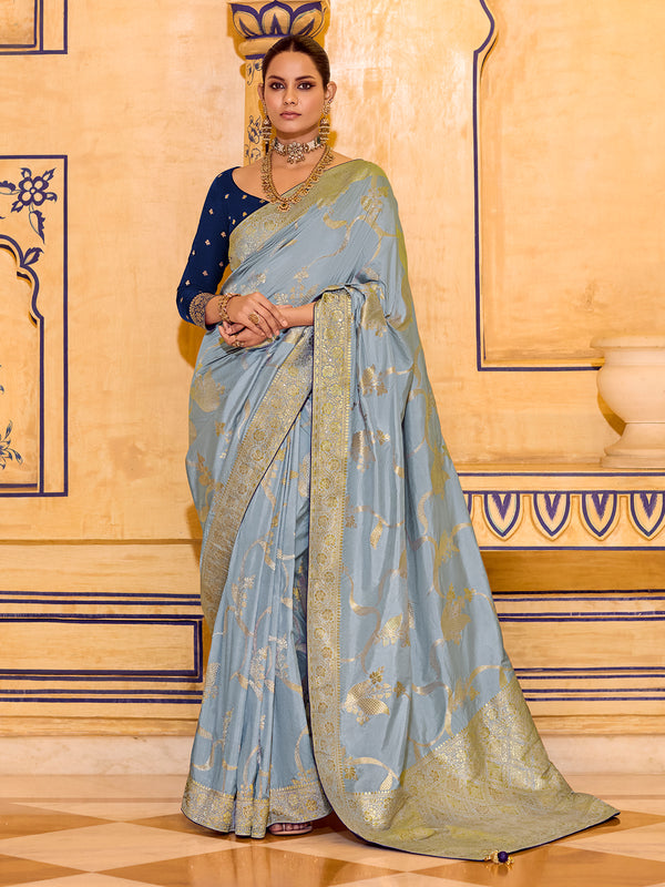 Sky Blue Crepe Silk Saree with Zari Weaving Work | Luxury Festive & Wedding Wear Saree | Contrast Navy Blue Blouse