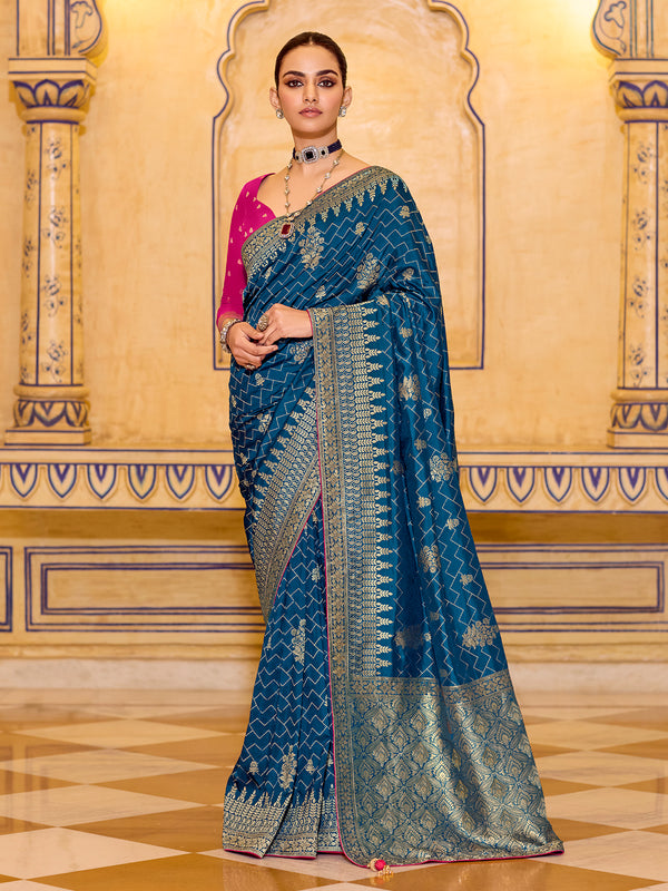 Blue Crepe Silk Wedding Saree with Zari Weaving | Luxurious Festive Wear | Pink Blouse