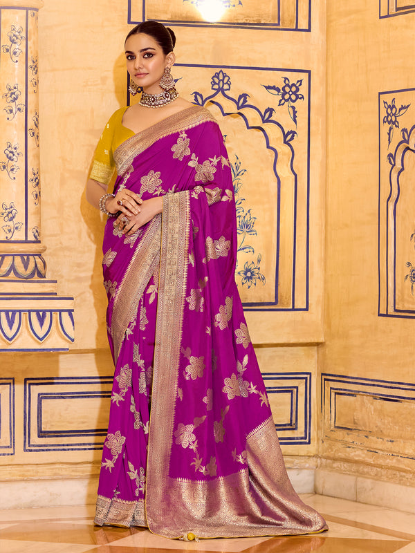 Purple Crepe Silk Saree for Wedding & Festive Wear | Elegant Zari Weaving Work Sari