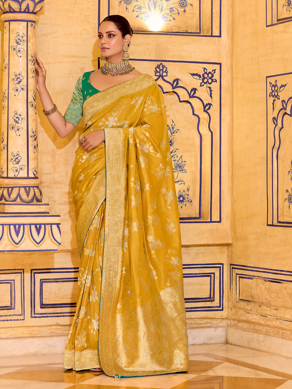 Yellow Crepe Silk Saree | Zari Weaving Work | Wedding Wear