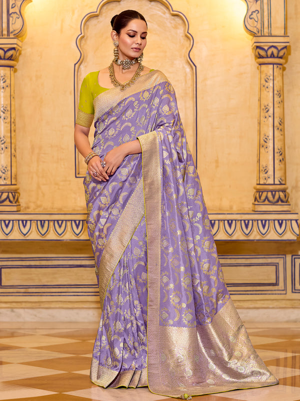 Lavender Crepe Silk Saree with Zari Weaving | Wedding & Festive Wear