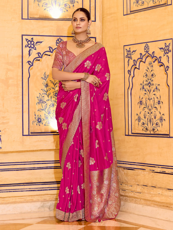 Rani Pink Crepe Silk Saree For Wedding & Festive Zari Weaving