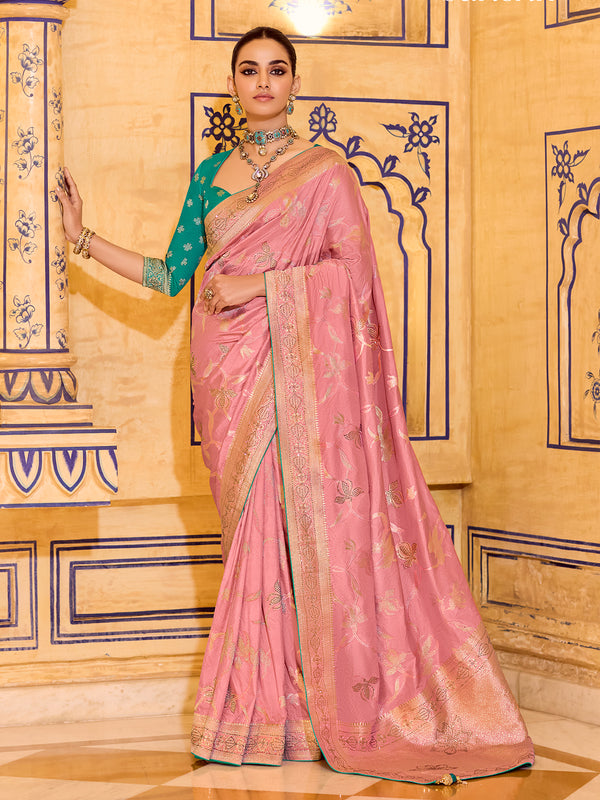 Designer Light Pink Crepe Silk Saree For Wedding & Festive Wear