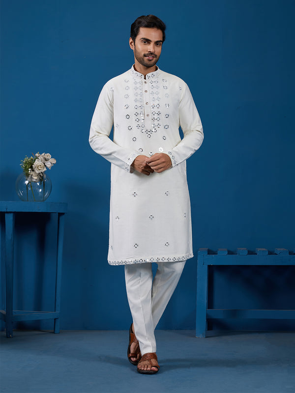 White Viscose Silk Kurta Set for Men with Thread and Mirror Work – Perfect for Festive & Wedding Occasions